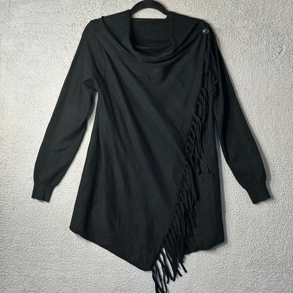 Womens Shawl Sweater S Black Long Sleeve‎ Fringe Cowl Neck Wrap Sweater
